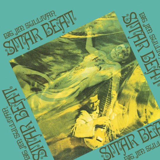 Pochette d'album Sitar Beat par Big Jim Sullivan en vert et jaune avec un nageur et un joueur de sitar.