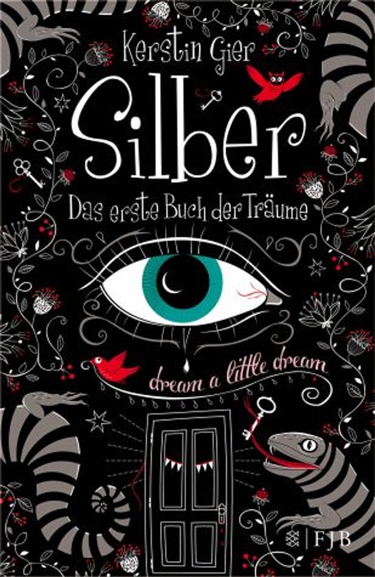Boek 'Silber - Das erste Buch der Träume' met een zwarte omslag, een oog, een deur en decoratieve elementen.