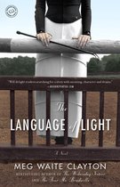 Boekomslag van 'The Language of Light' met op de voorgrond een meisje met een rijzweep, zittend op een omheining.