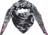 Grote vierkante dames sjaal Happy Stars|Vierkante shawl|Sterrenprint|Grijs roze blauw