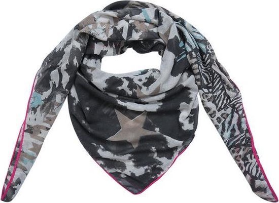 Grote vierkante dames sjaal Happy Stars|Vierkante shawl|Sterrenprint|Grijs  roze blauw | bol.com