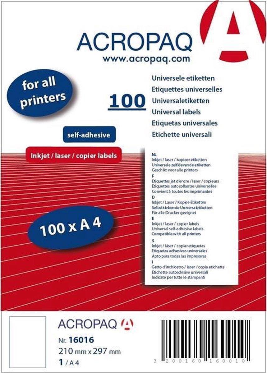 Stickervellen A4 - Etiketten, 100 vellen, 1 per vel, 210 x 297 mm - Adresetiketten, Etiketten stickers - ACROPAQ