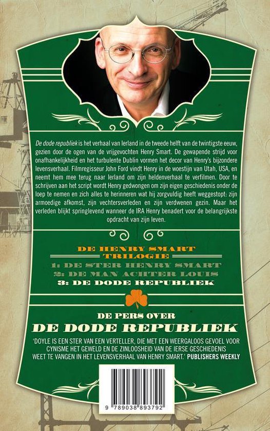 Achterkant boek "De Dode Republiek", met portret van Henry Smart, tekst en barcode.