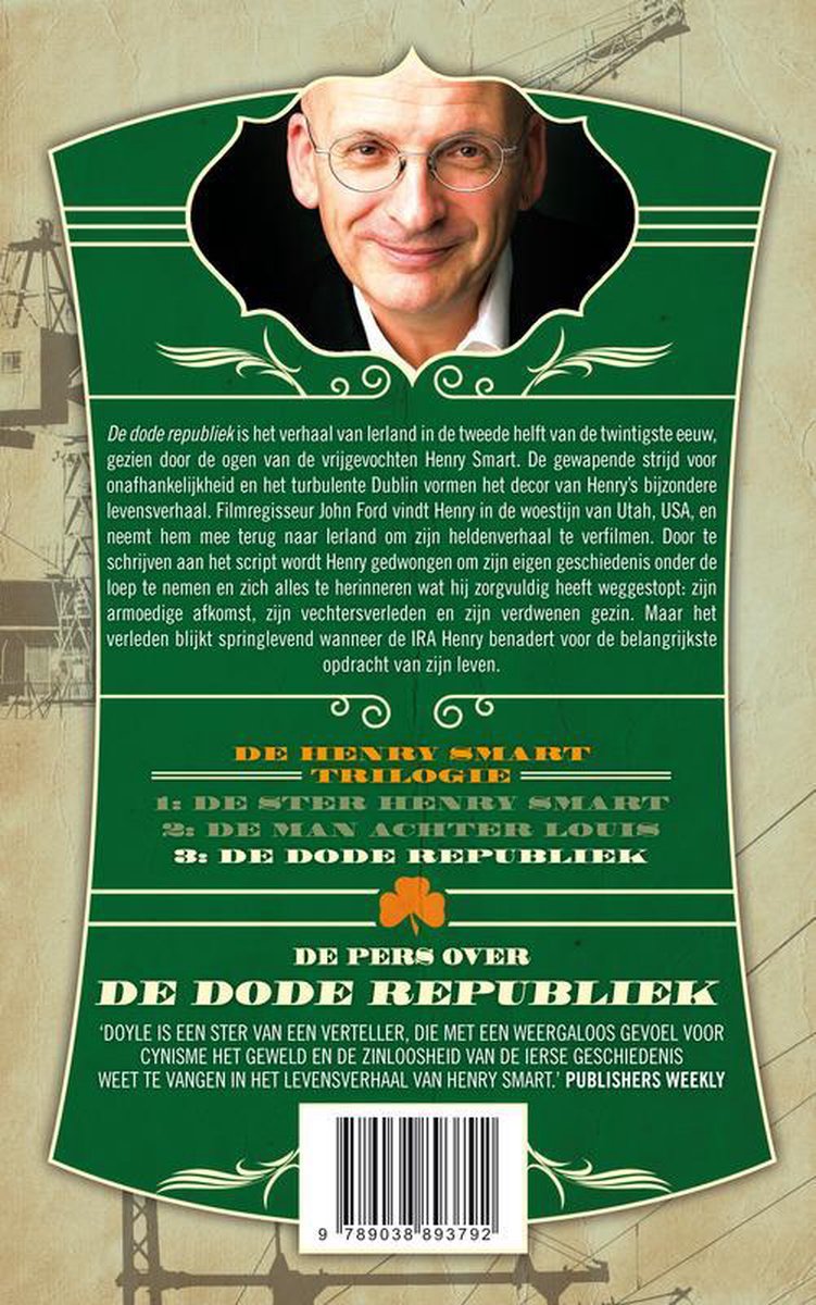 Achterkant boek "De Dode Republiek", met portret van Henry Smart, tekst en barcode.