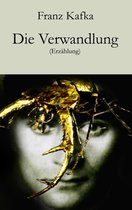 Boek kaft met een gedeeltelijk zichtbaar gezicht en een grote gouden kever met scherpe poten, met de tekst 'Franz Kafka Die Verwandlung (Erzählung)'.