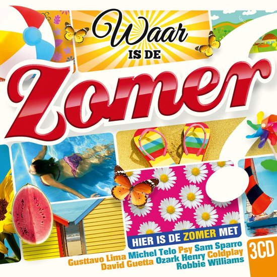 Albumcover met de titel 'Waar is de Zomer'. Zomers thema met strandhuisjes, zon, strandbal, slippers, bloemen, watermeloen, zeilboot en vlinders.
