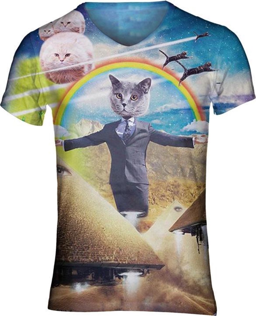 Illuminatie kattenshirt Maat: L V - hals - Festival shirt - Superfout - Fout T-shirt - Feestkleding - Festival outfit - Foute kleding - Kattenshirt - Kleding fout feest