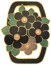 Behave Dames Broche rechthoek bloemetjes zwart - emaille sierspeld - sjaalspeld 4,3 cm