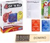 Afbeelding van het spelletje Vakantie Reis spelletjes pakket. 4 op 1 rij / Vier op een rij reis editie – Domino - Yatzee score kaarten – 10 dobbelstenen – 2 pakken speelkaarten.