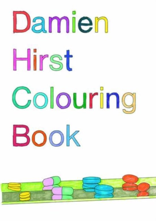 Damien Hirst Kleurboek: gekleurde letters en strip met pillen.