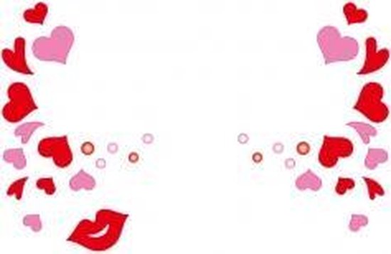 Abstracte decoratie van rode en roze hartjes en lippen op witte achtergrond.