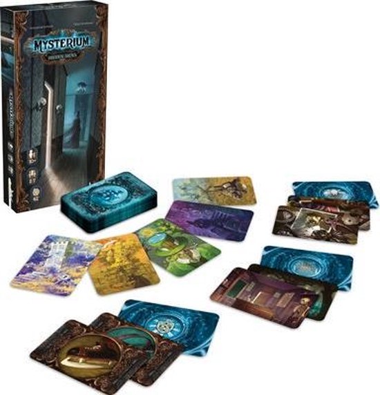 Doos van het bordspel Mysterium Hidden Signs en diverse speelkaarten.