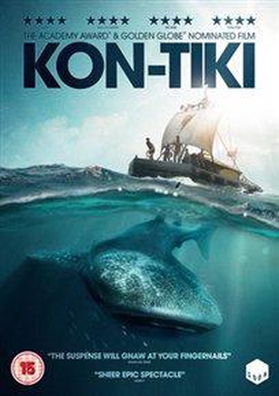 Filmhoes Kon-Tiki met walvishaai en balsa-vlot met zeil.