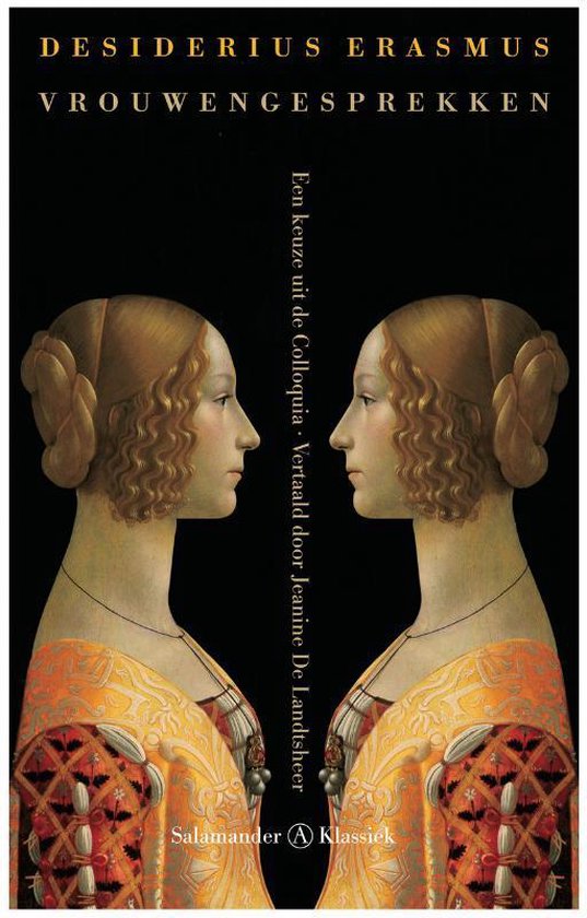 Boekcover van Vrouwengesprekken met twee spiegelbeeldige portretten van vrouwen in oranje jurken.