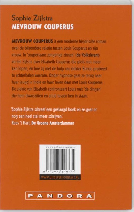 Achterkant boek 'Mevrouw Couperus' Roman van Sophie Zijlstra met ISBN en uitgever.