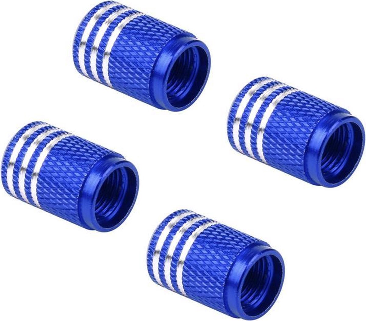 4 Blauwe aluminium ventieldopjes met 3 ingeslepen zilverkleurige ringetjes - Merkloos
