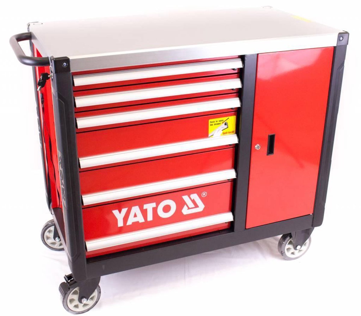 Professionele Gereedschapswagen met Werkbank – 6 Kogelgelagerde Lades & Kast met Slot – Metalen Werkblad (600 kg) – Mobiele Werkplaatswagen