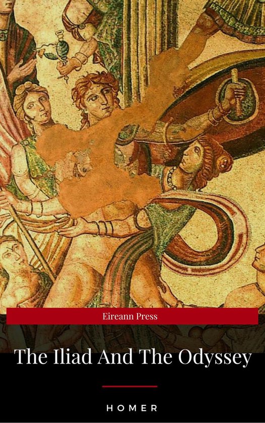 Een oude mozaïek van Griekse krijgers, met de tekst "The Iliad And The Odyssey" en "HOMER".