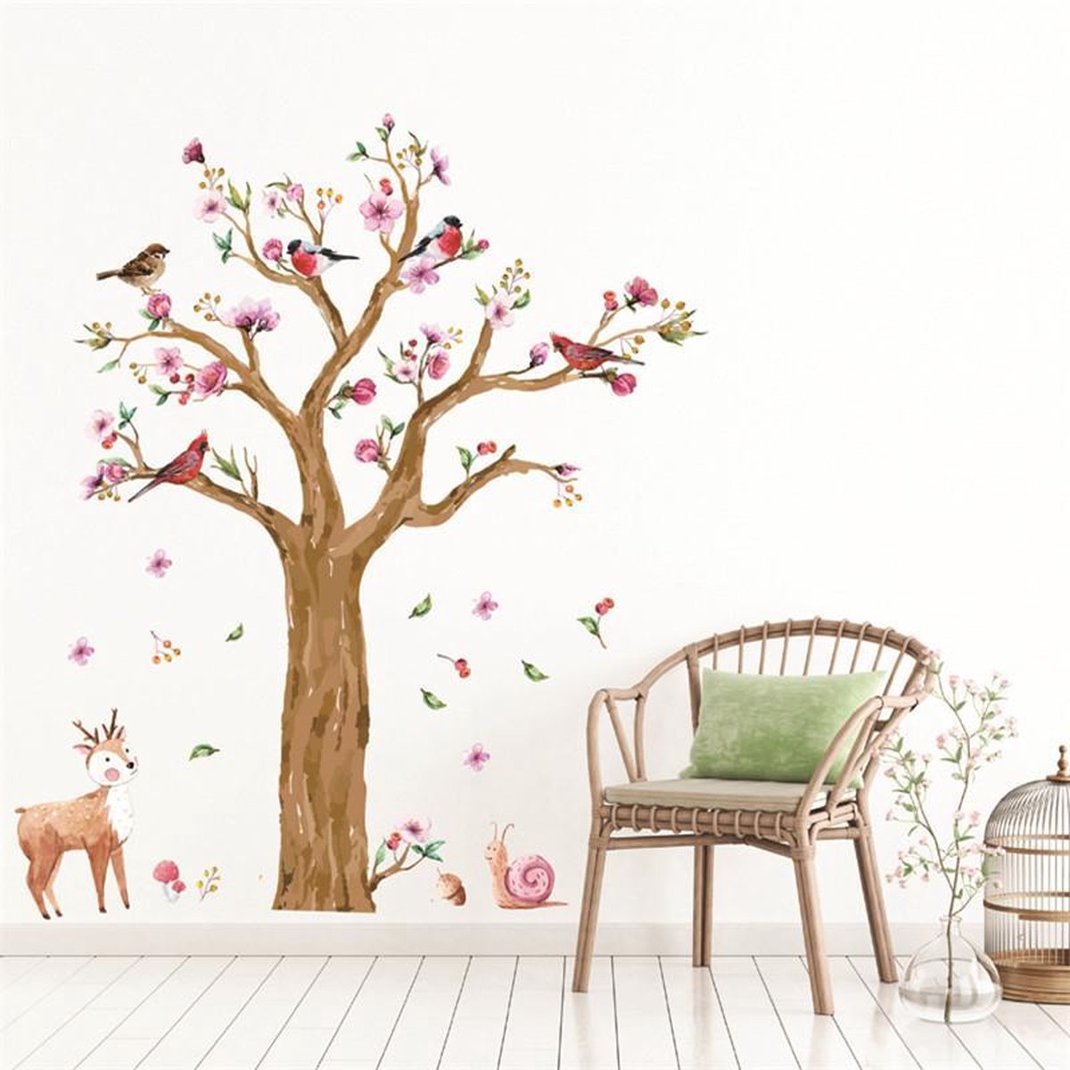 Muursticker natuurlijk - illustratie - hert - vogeltjes | woonkamer - kinderkamer | hip - modern - illustratie