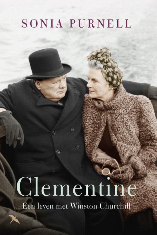 Boekcover met Sonia Purnell, Clementine Een leven met Winston Churchill. Winston en Clementine Churchill zitten naast elkaar op een bankje.