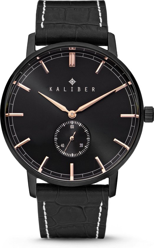 Kaliber 7KW-00005 - Stalen Horloge met Leren Band - Zwart en Rosékleurig - 40 mm