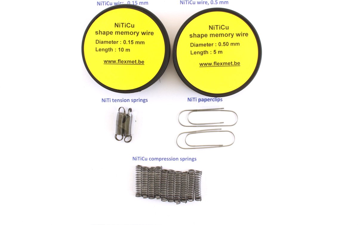 Nitinol geheugenmetaal 'XL' set : geheugenmetaal-draad, veertjes en paperclips