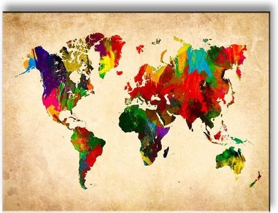 Wereldkaart Gekleurd - Canvas Schilderij 40 x 30 cm