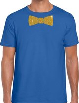 Blauw fun t-shirt met vlinderdas in glitter goud heren S