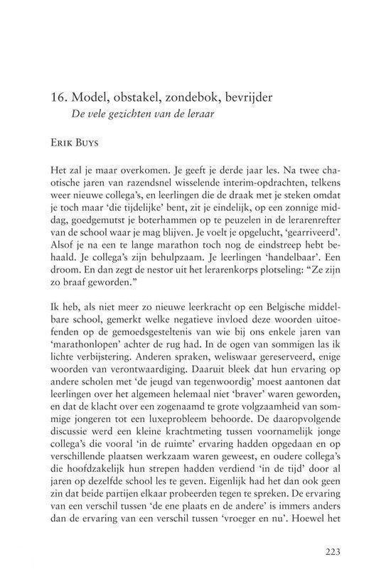 Titelpagina met artikel '16. Model, obstakel, zondebok, bevrijder.' door Erik Buys, met vermelding van 'De vele gezichten van de leraar'.