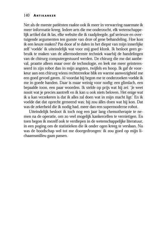 Een pagina uit een boek met de titel "Antikanker" over kankeronderzoek en de ervaringen van de auteur.