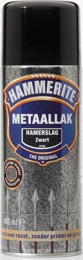 Hammerite metaallak spuitbus zwart met hamerslag effect.