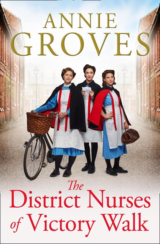 Boekomslag 'The District Nurses of Victory Walk' met drie verpleegsters in blauwe jurken en witte schorten, een met een fiets, de ander met een tas.