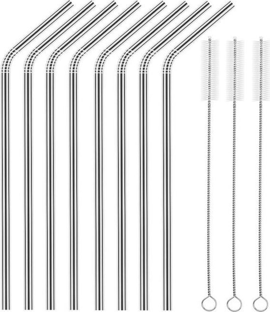 RVS / Stalen drink rietjes set van 8 herbruikbare rietjes 21,5 cm