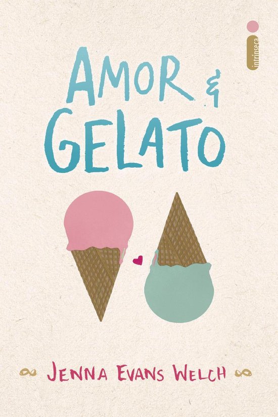 Boekomslag van Amor & Gelato met twee ijshoorntjes: één roze en één mintgroen. Jenna Evans Welch.