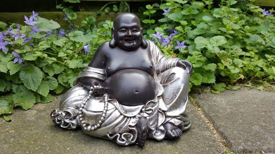 Lucky Boeddha - Beeld - Polyresin  - Zwart/Zilver - 18 cm