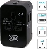 XIB Universele wereld reisstekker met 2 USB-poorten / Wereldstekker voor meer dan 150 landen o.a. Engeland, Nieuw-Zeeland, China, Amerika en Australië / Quick Charge - Zwart