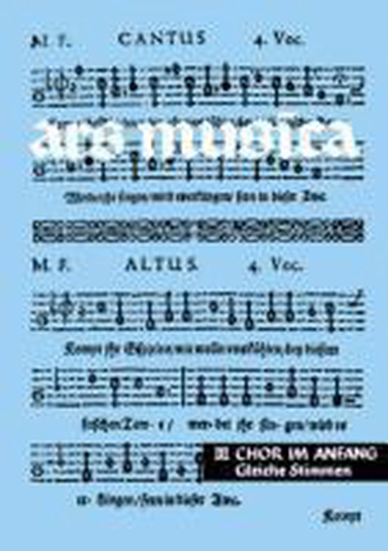 Boekpagina met muzikale partituren en de tekst 'ars musica' in witte letters.