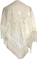 Spaanse manton/omslagdoek creme wit witte bloemen bij flamenco jurk verkleedkleding