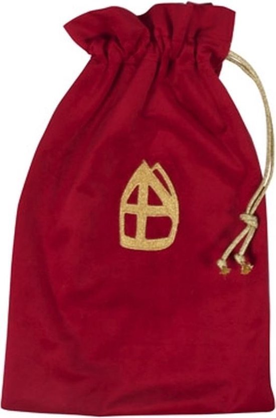 Rode strooizak met goudkleurige Sinterklaas-afbeelding en trekkoord.