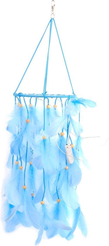 Hanger dromenvanger met veren en LED lampjes 65x16cm – Lichtblauw