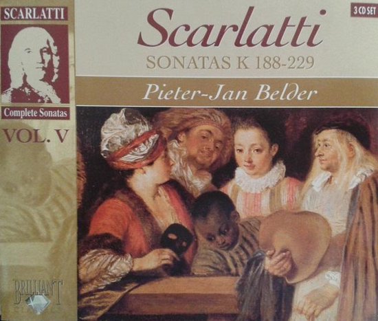 Scarlatti Complete Sonatas Vol. V CD set met "Scarlatti Sonatas K 188-229" van Pieter-Jan Belder. Klassieke schilderij van groep personen.