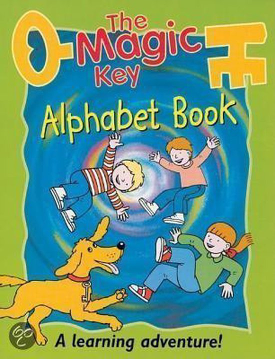 De O-Magische Sleutel Alfabet Boek, met vier kinderen en een hond die door een regenboogvortex zweven.