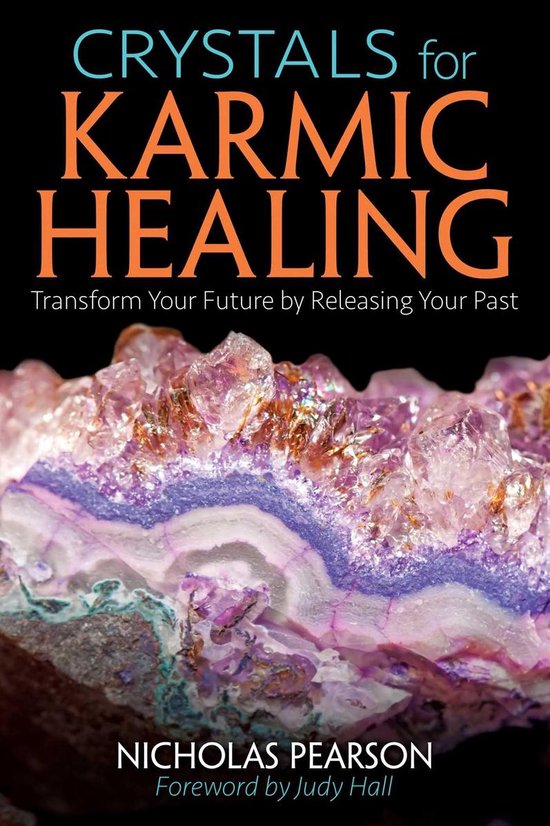 Boek kaft: 'Crystals for Karmic Healing' met een close-up van paarse en roze kristallen.