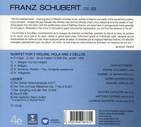 Bol Com Quatuor A B Ne Schubert Quintet And Lieder Quatuor Ebene Cd Album Muziek