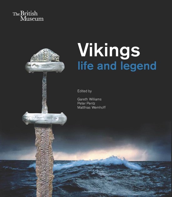 Boekomslag van 'Vikings: life and legend' met een Vikingzwaard in een woeste zee.