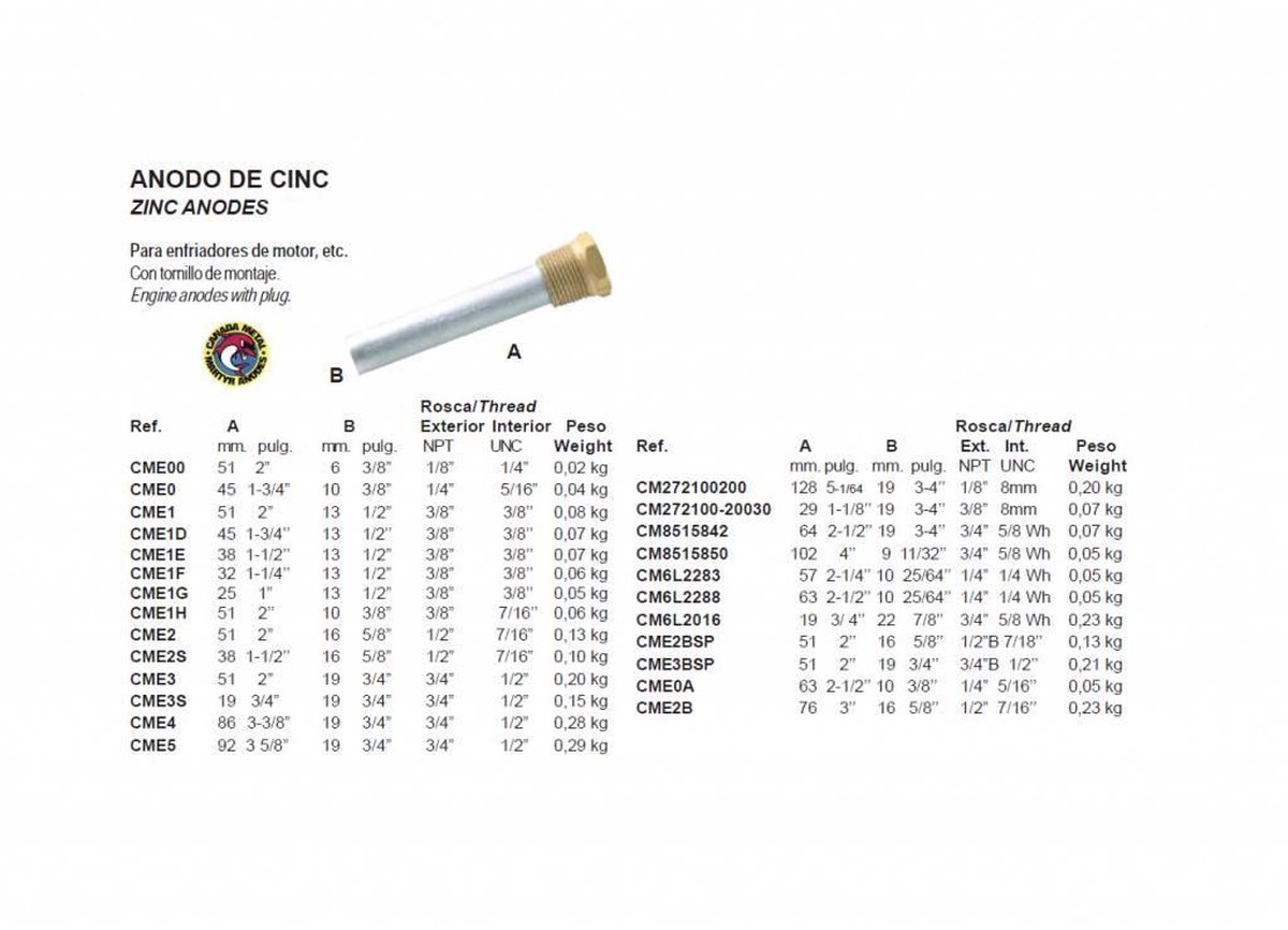 Zink Anode | 0,10 kg | 38 mm | Ø:16 mm (CME2S)