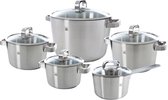 Set van 5 zilverkleurige RVS pannen met glazen deksels, variërend in grootte.