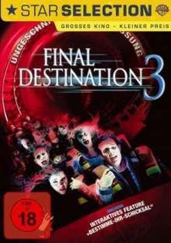DVD hoes voor Final Destination 3, met de titel in grote letters en beangstigende gezichten.