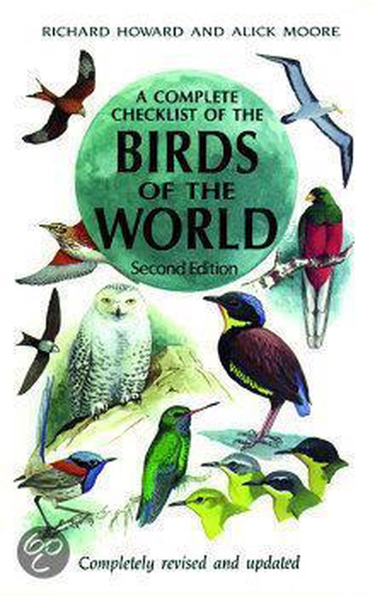 Boekkaft met illustraties van diverse vogels en de titel "A Complete Checklist of the Birds of the World".