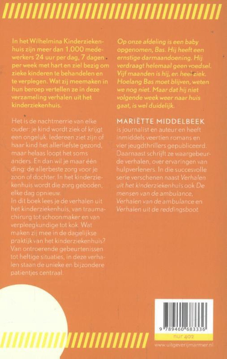 Achterkant van het boek 'Verhalen uit het Kinderziekenhuis' met tekst en een streepjescode.